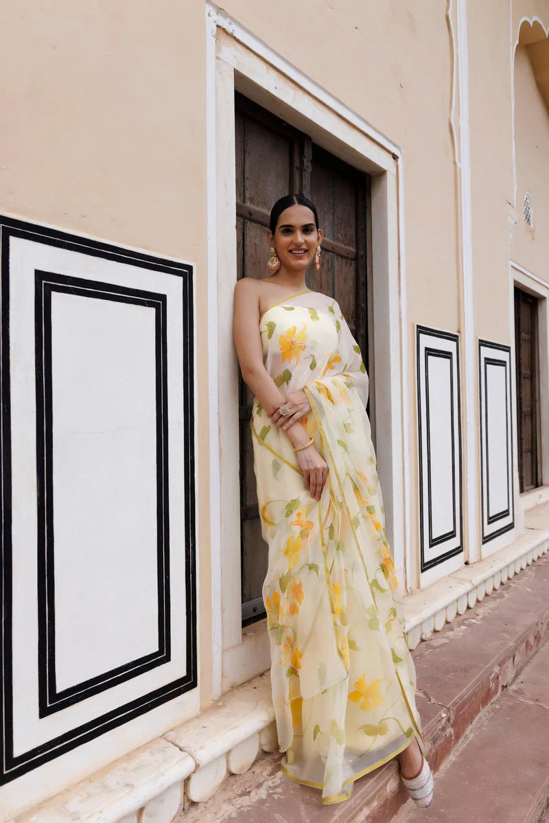 Light Yellow Hand Painted Floral Chiffon Saree