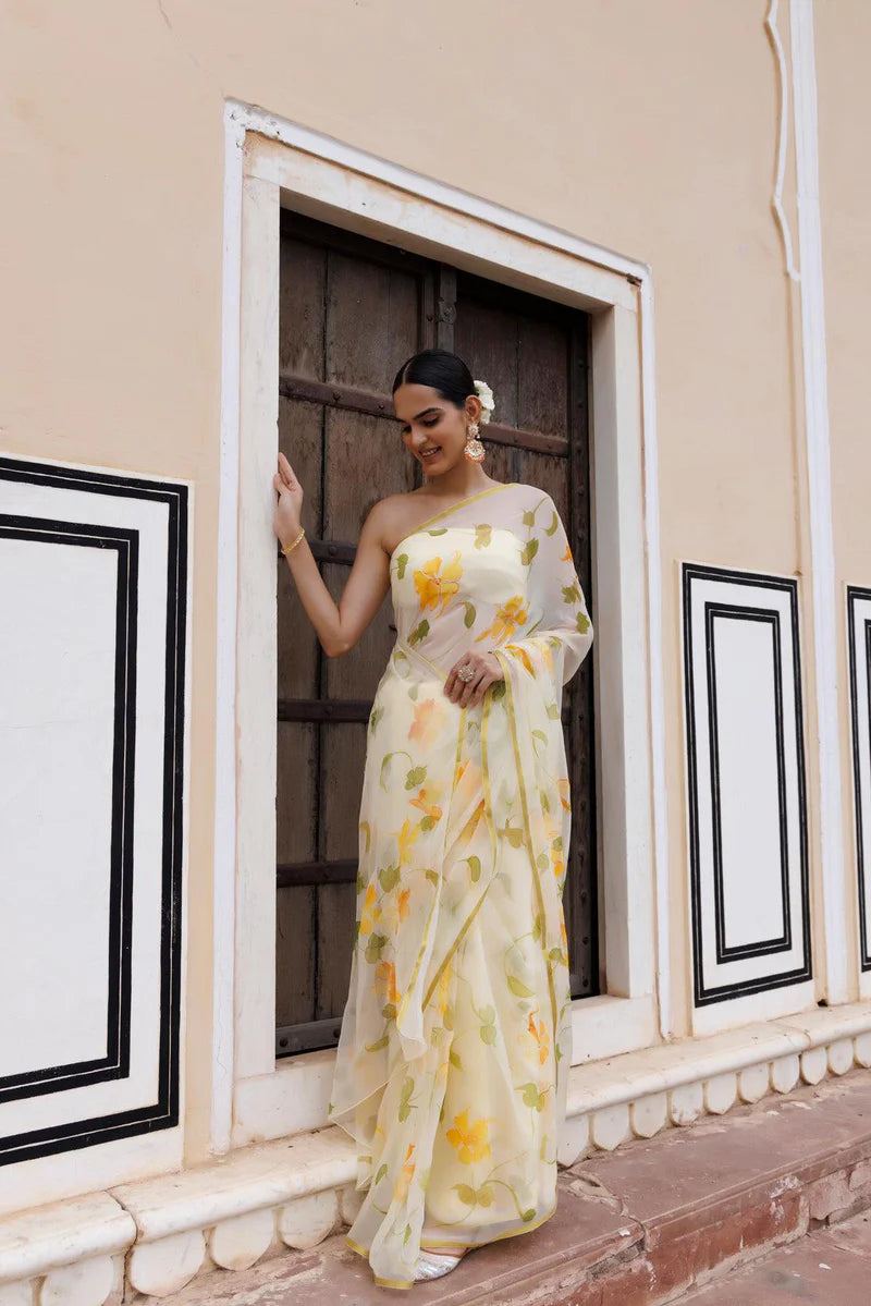 Light Yellow Hand Painted Floral Chiffon Saree
