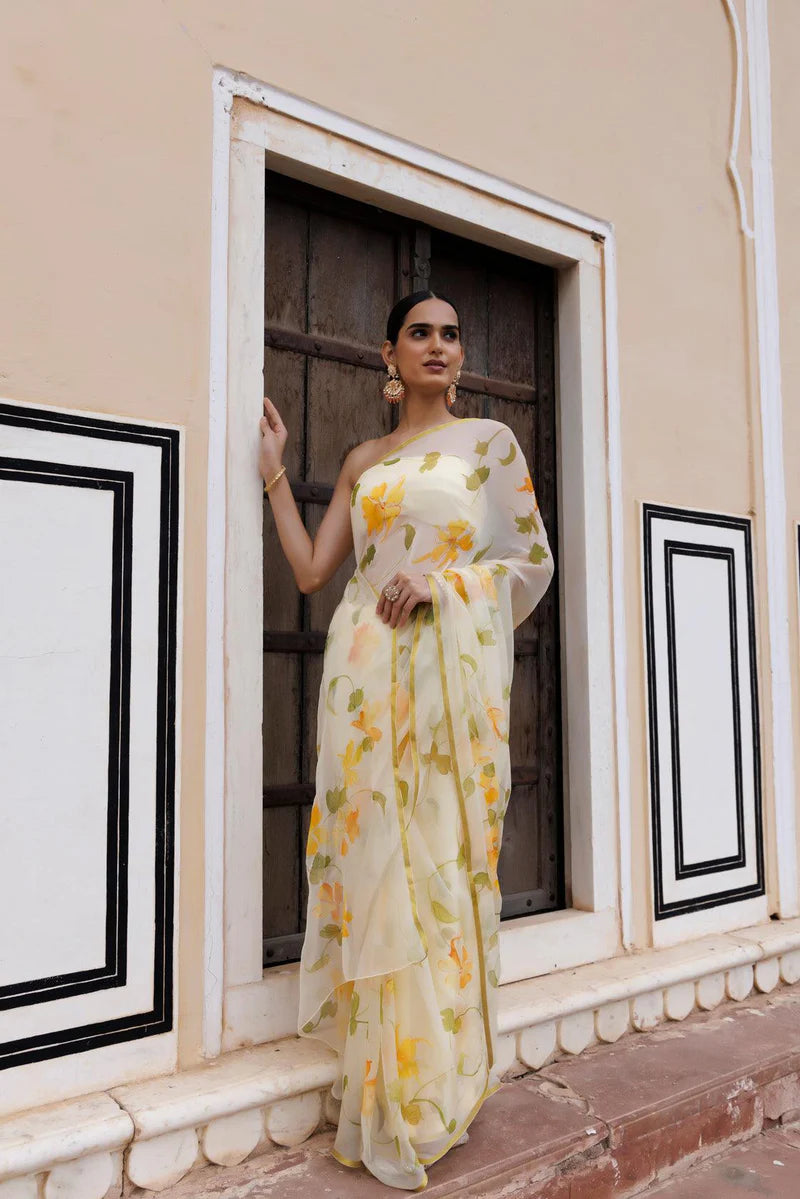 Light Yellow Hand Painted Floral Chiffon Saree