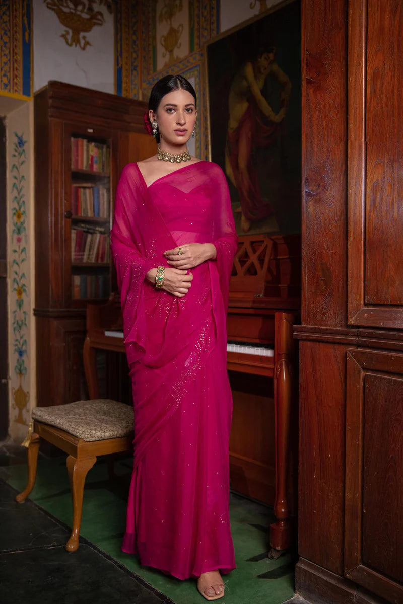Magenta Pink Chiffon Hand Embroidered Mukaish Saree
