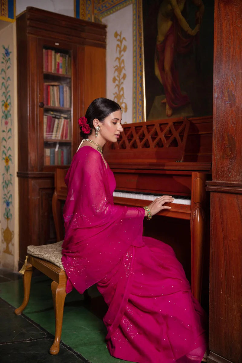 Magenta Pink Chiffon Hand Embroidered Mukaish Saree