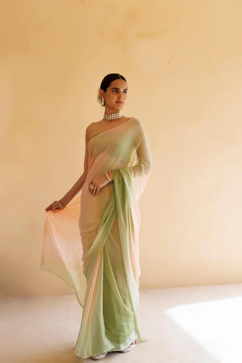 Peach-Green Shaded Mukaish Hand Embroidered Chiffon Saree