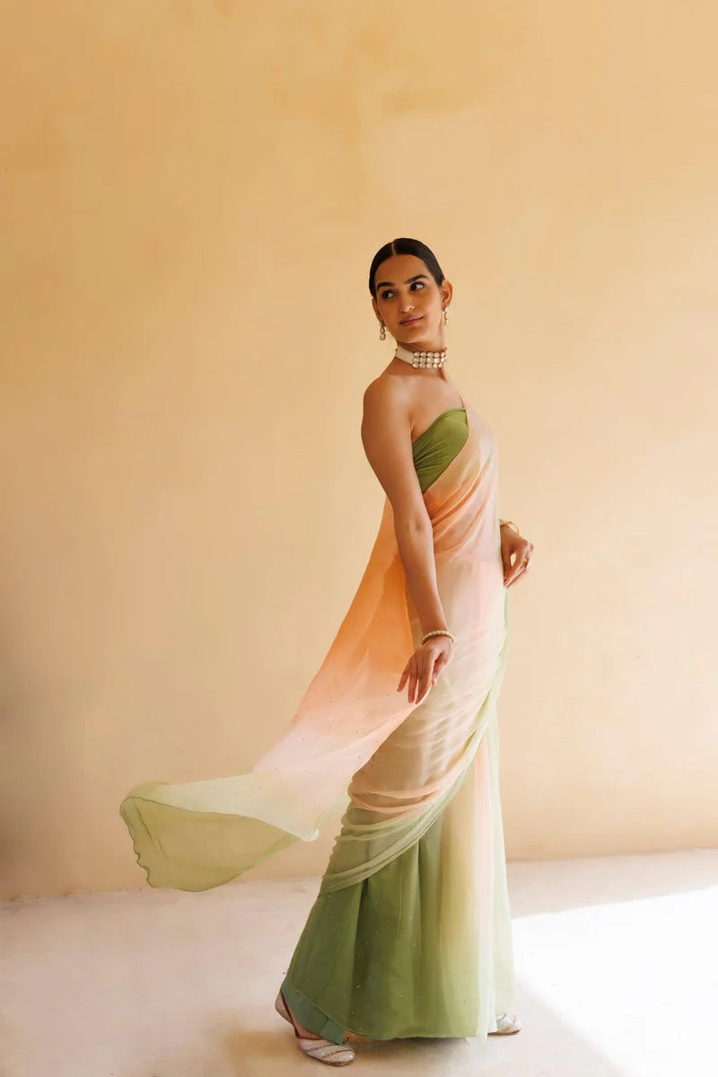 Peach-Green Shaded Mukaish Hand Embroidered Chiffon Saree