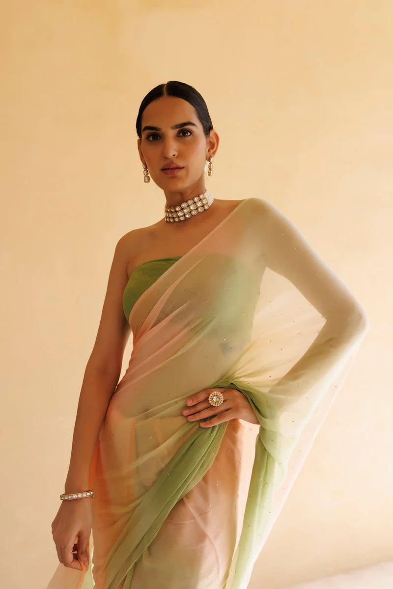 Peach-Green Shaded Mukaish Hand Embroidered Chiffon Saree