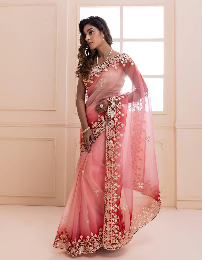 Peach Shaded Handcrafted Gota Patti Organza Saree
