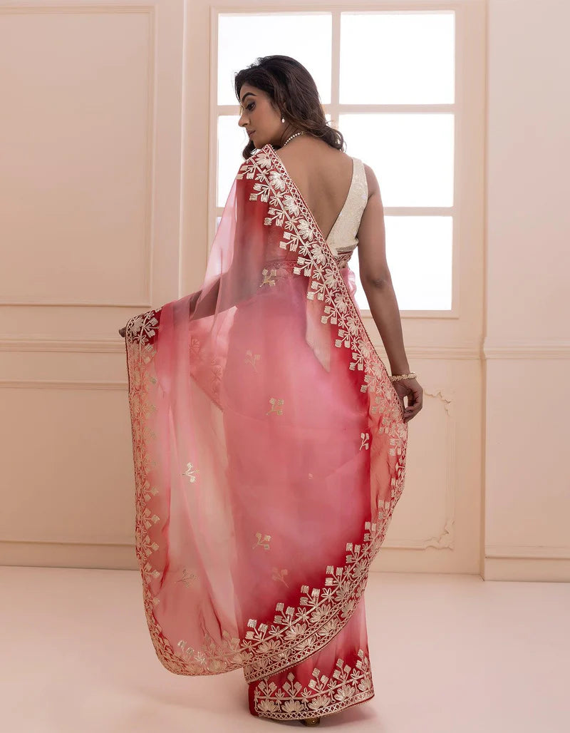Peach Shaded Handcrafted Gota Patti Organza Saree
