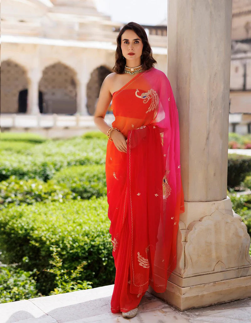 Pink & Orange shaded Hand embroidered Chiffon saree