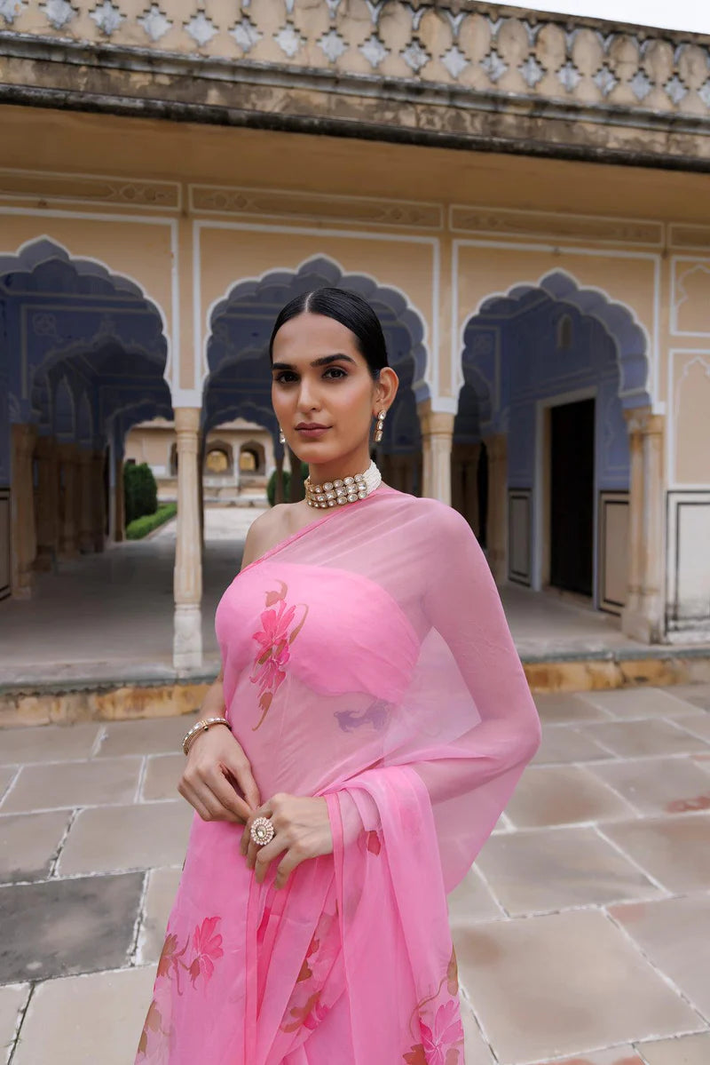 Pink Hand Painted Floral Chiffon Saree