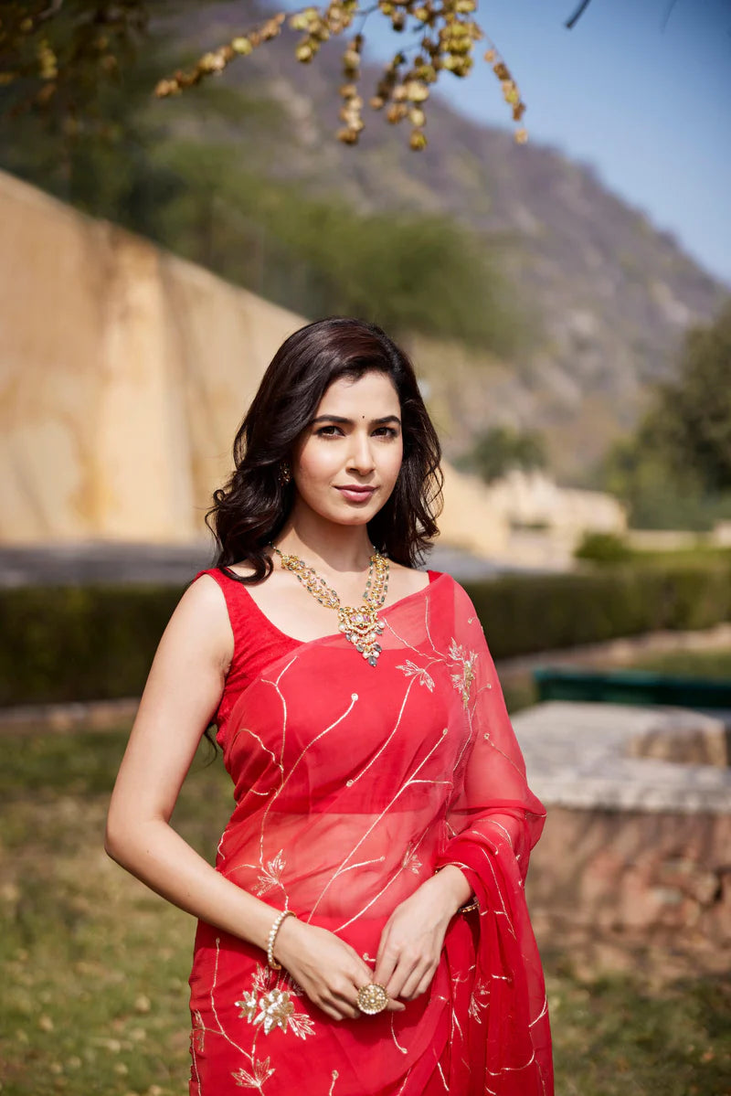 Red-Orange Shaded Hand Embroidered Jaal Chiffon Saree