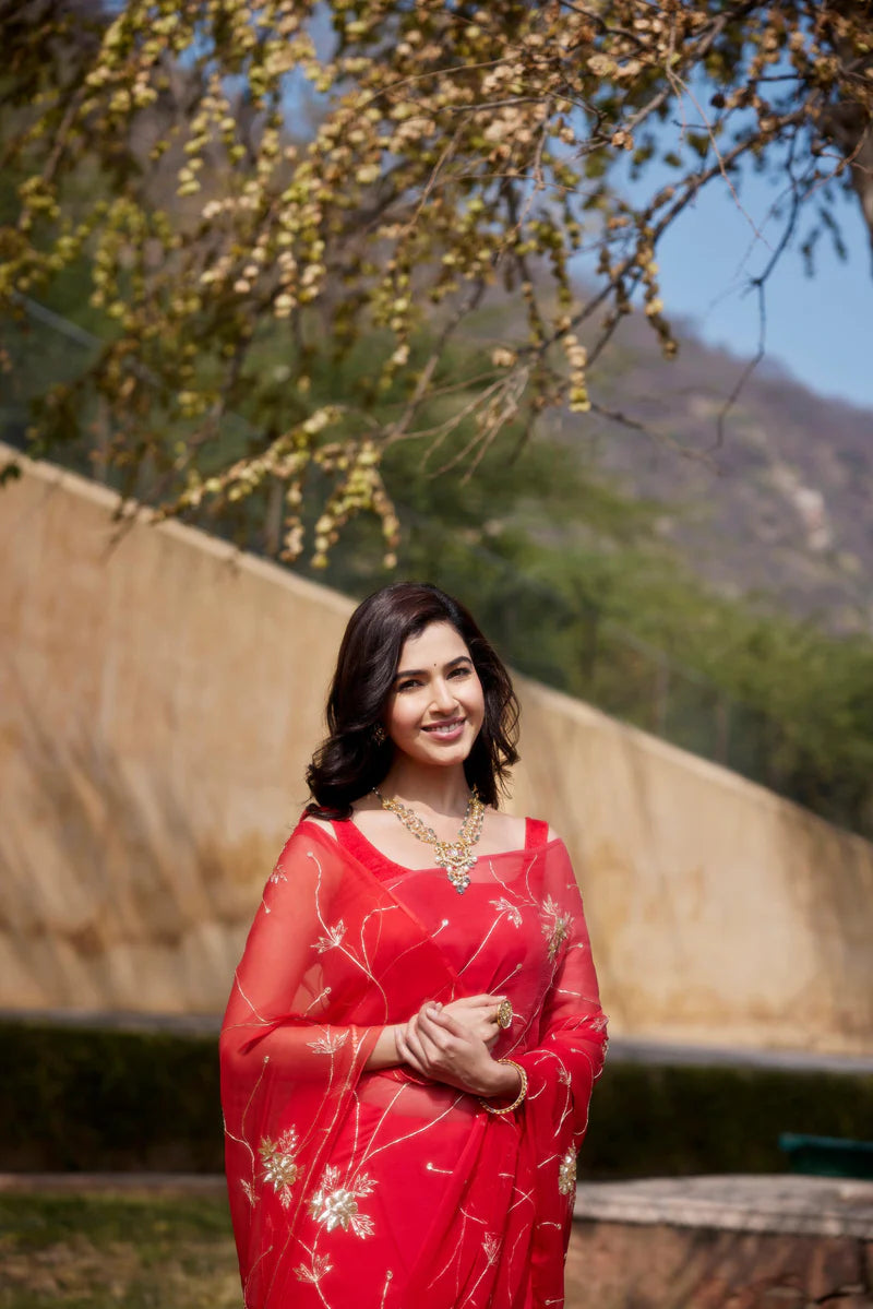 Red-Orange Shaded Hand Embroidered Jaal Chiffon Saree
