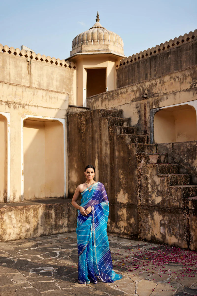 Turquoise Blue Pure Kota Silk Hand Dyed Leheriya Saree