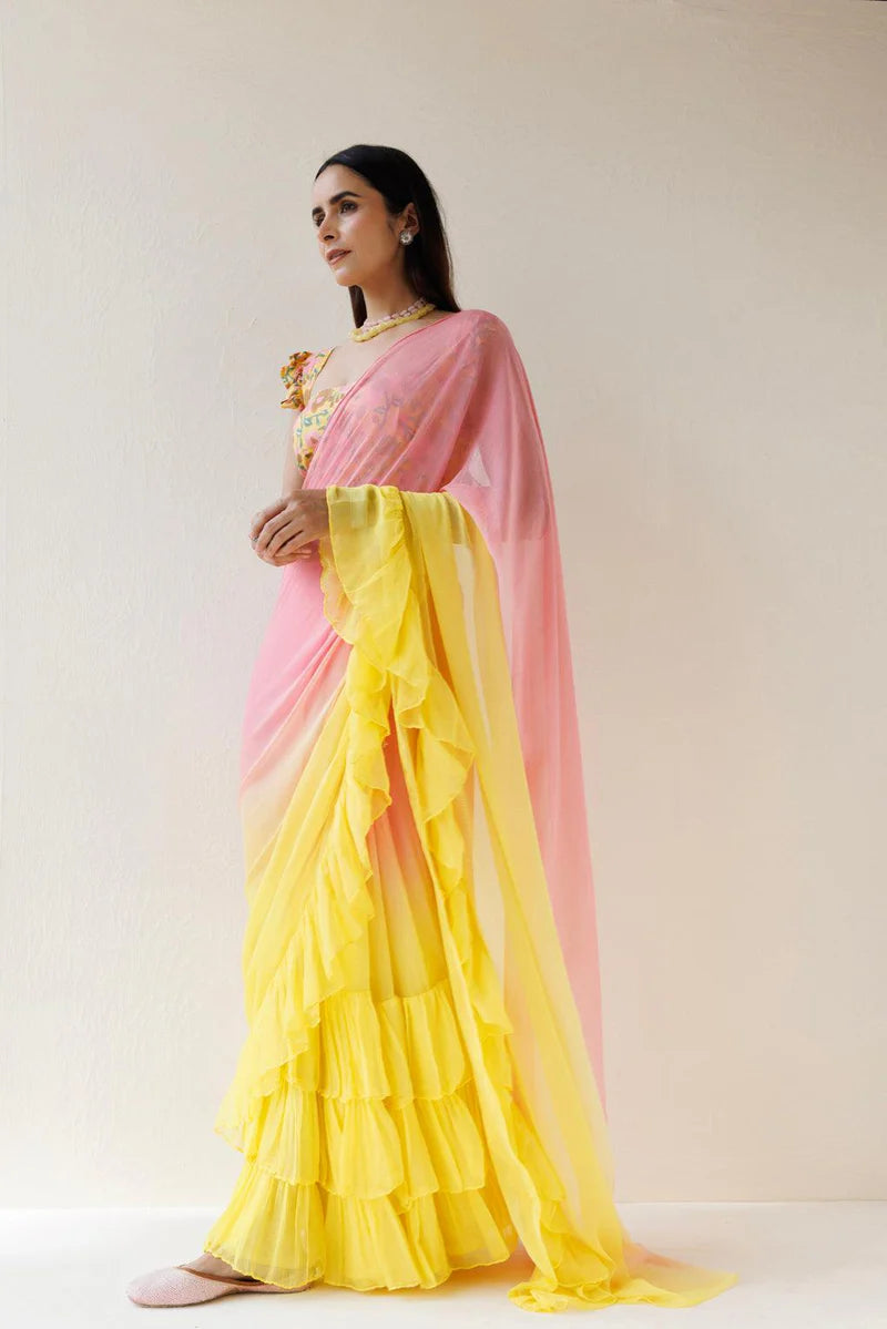 Yellow-Pink Pre-Draped Ruffled Ombre Chiffon Saree