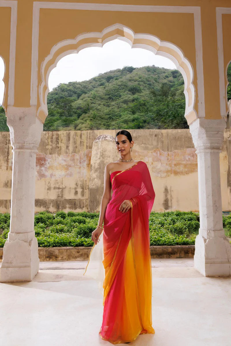 Multi-Shaded Hand Dyed Plain Chiffon Saree With Jacquard Blouse